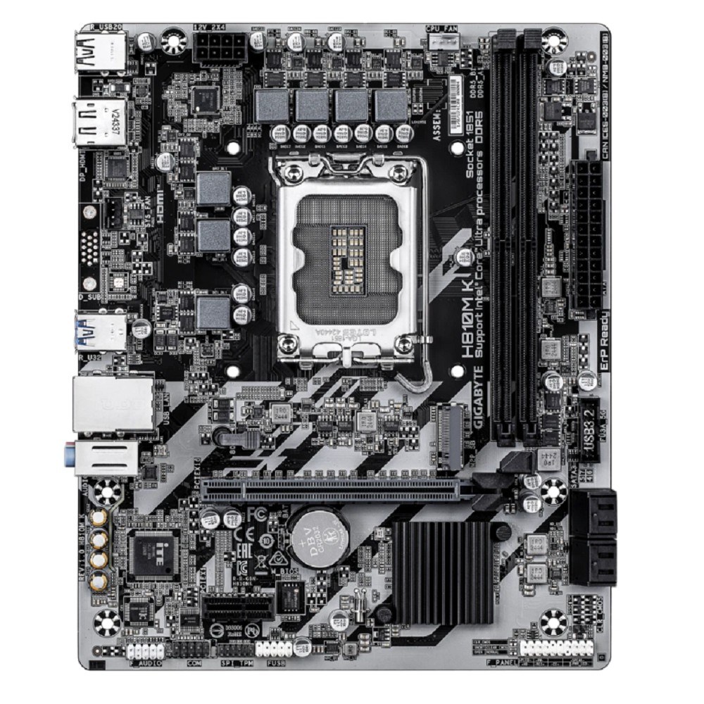 Фото Материнская плата Gigabyte H810M K, LGA1851, Intel H810, 2xDDR5, 4xSATA, 1xM.2, 1xPCIe 4.0 x16, 1xPCIe 3.0 x1, 1xDP, 1xHDMI, 1x1Gb LAN, 2xUSB-A 5Gbps, 4xUSB-A 2.0, 3x3.5 мм, 7.1, mATX