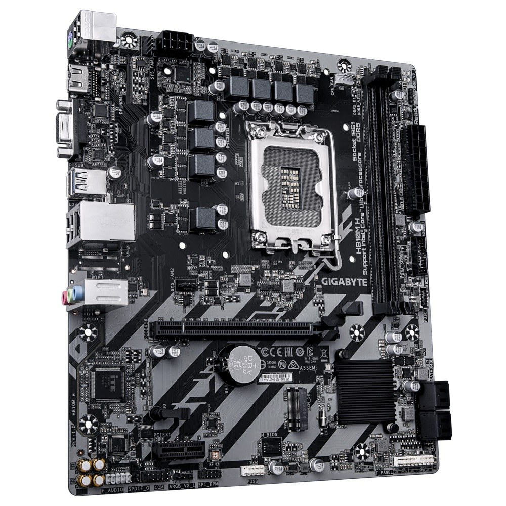Фото Материнская плата Gigabyte H810M H, LGA1851, Intel H810, 2xDDR5, 4xSATA, 1xM.2, 1xPCIe 4.0 x16, 1xPCIe 3.0 x1, 1xHDMI, 1xD-Sub, 1x1Gb LAN, 1xUSB-C 5Gbps, 4xUSB-A 5Gbps, 7xUSB-A 2.0, 3x3.5 мм, 7.1, mATX