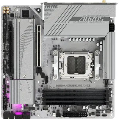 Фото Материнская плата GIGABYTE B650M AORUS ELITE AX ICE, AM5, AMD B650, 4xDDR5, 4xSATA, 2xM.2, 1xPCIe 4.0 x16, 1xPCIe 4.0 x4, 1xDP, 1xHDMI, 1x2.5Gb LAN, Wi-Fi 6E, Bluetooth 5.3, S/PDIF, 2xUSB-C 10Gbps, 2xUSB-A 10Gbps, 5xUSB-A 5Gbps, 4xUSB-A 2.0, 2x3.5 мм, 7.1
