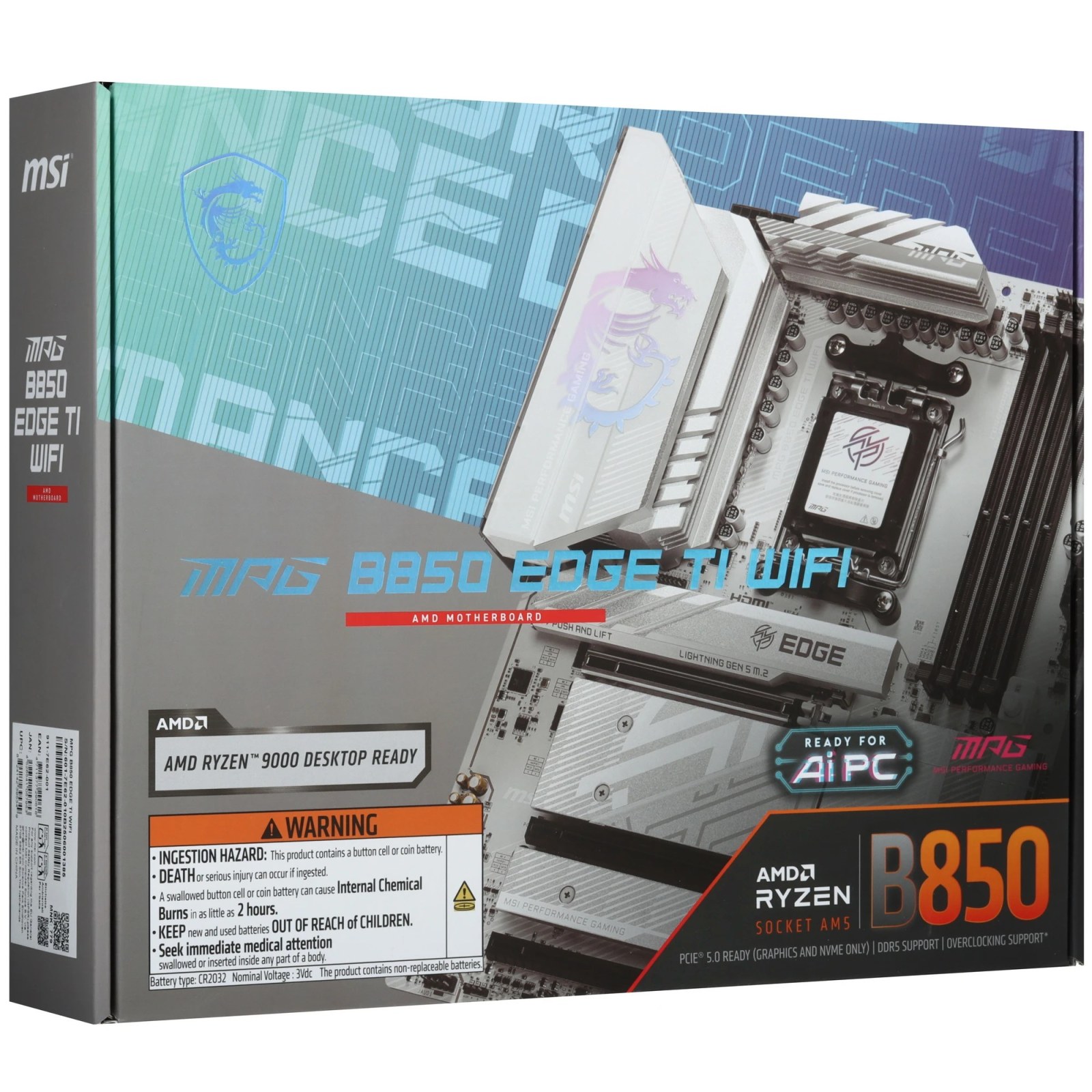 Фото Материнская плата MSI MPG B850 EDGE TI WIFI, AM5, AMD B850, 4xDDR5, 4xSATA, 4xM.2, 1xPCIe 5.0 x16, 1xPCIe 4.0 x4, 1xPCIe 3.0 x1, 1xHDMI, 1x5Gb LAN, Wi-Fi 7, Bluetooth 5.4, 3xUSB-C 10Gbps, 1xUSB-C 20Gbps, 5xUSB-A 10Gbps, 4xUSB-A 2.0, 1xS/PDIF, 2x3.5 мм, 7.