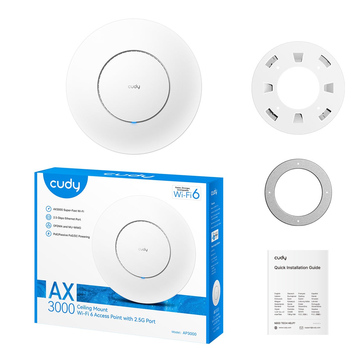Фото Точка доступа AX3000 Dual Band Ceiling Mount Wi-Fi 6 Access Point, Chipset MT7981, 802.11ax/ac/a/b/g/n, 2402Mbps at 5GHz + 574Mbps at 2.4GHz, 1 x 2.5G RJ45 Port, MU-MIMO, Support 12V DC or 802.3at PoE or Passive PoE, Internal Antennas, 48V passive PoE ada