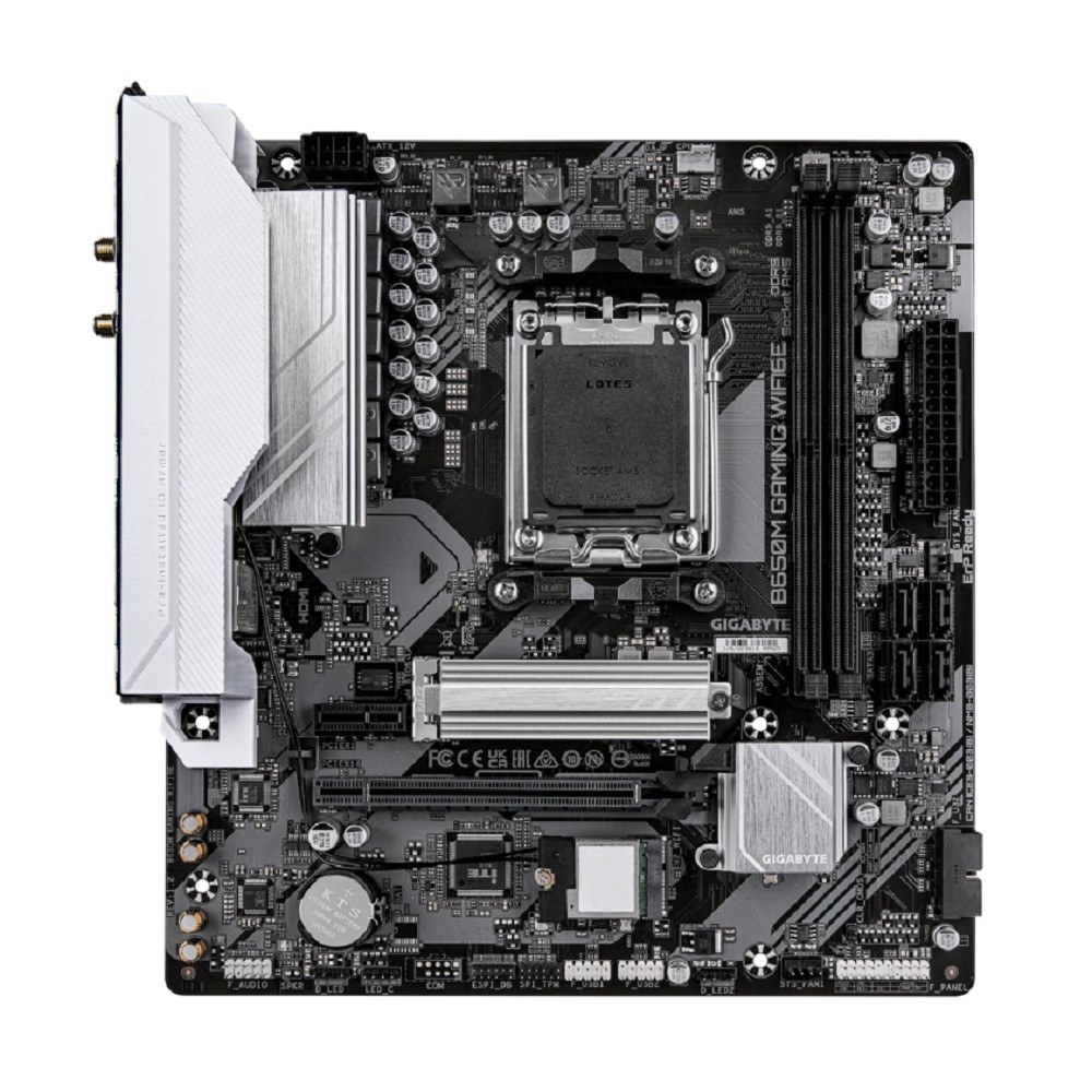 Фото Материнская плата Gigabyte B650M GAMING WIFI6E, AM5, AMD B650, 2xDDR5, 4xSATA, 1xM.2, 1xPCIe 4.0 x16, 1xPCIe 3.0 x1, 1xD-Sub, 1xHDMI (v2.1), 1x2.5Gb LAN, Wi-Fi 6, Bluetooth 5.3, 2xUSB-A 5Gbps, 5xUSB-A 2.0, 3x3.5 мм, 7.1, mATX