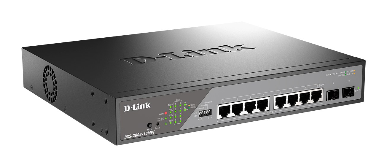 Фото Коммутатор сетевой Smart L2 Surveillance Switch 8х1000Base-T PoE 802.3bt 90W, 2x1000Base-X SFP, PoE Budget 242W, Long-range PoE up to 250m