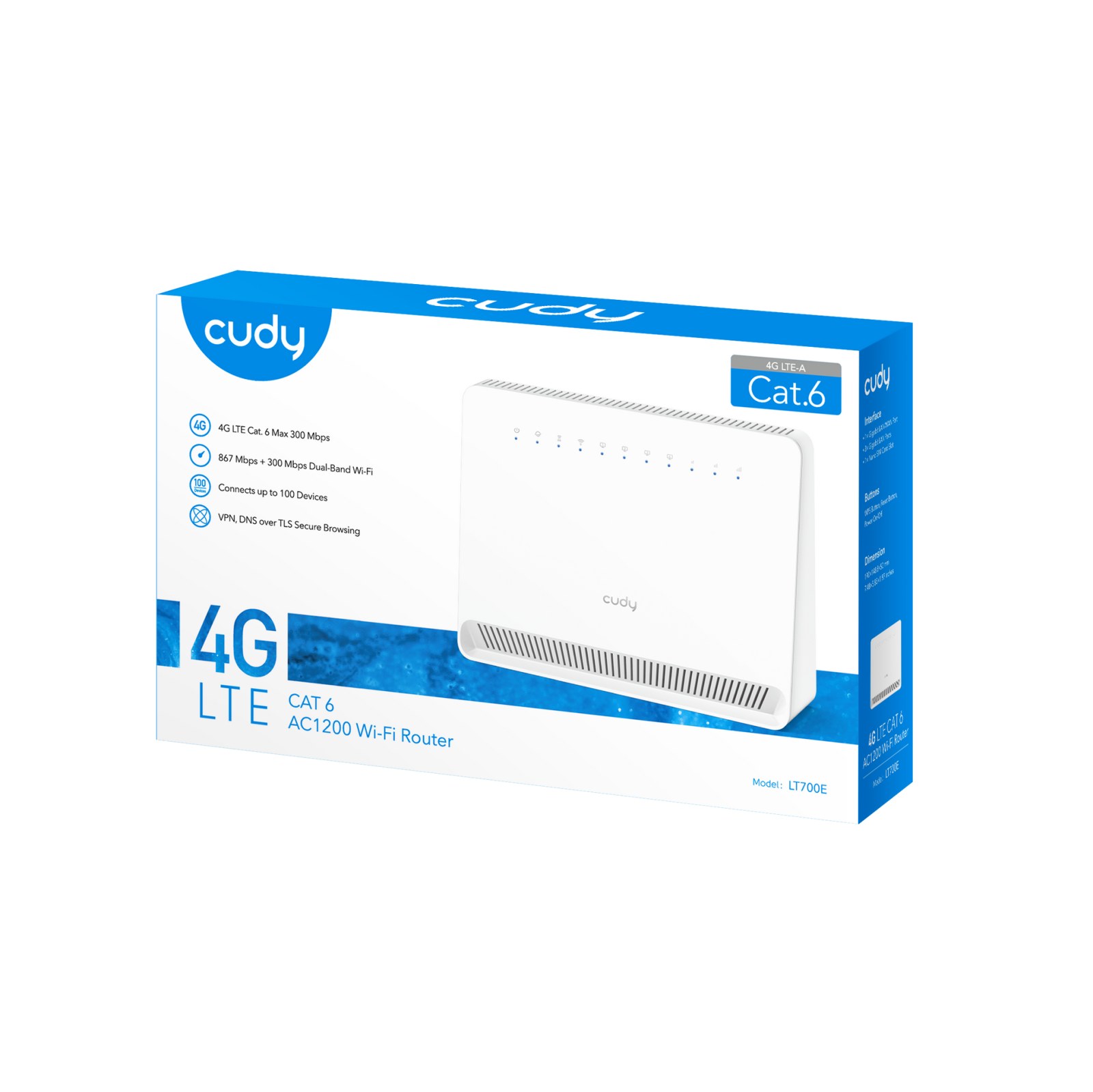 Фото Маршрутизатор AC1200 Wi-Fi 4G LTE Cat 6 Gigabit Router, 4 10/100/1000M RJ45 Ports, Nano SIM Slot, Quectel module inside,build-in 4G LTE modem, 300Mbps at 2.4GHz + 867Mbps at 5GHz, Internal Antennas, PPTP/L2TP/OpenVPN/WireGuard VPN, DNS over Cloudflare/Goo