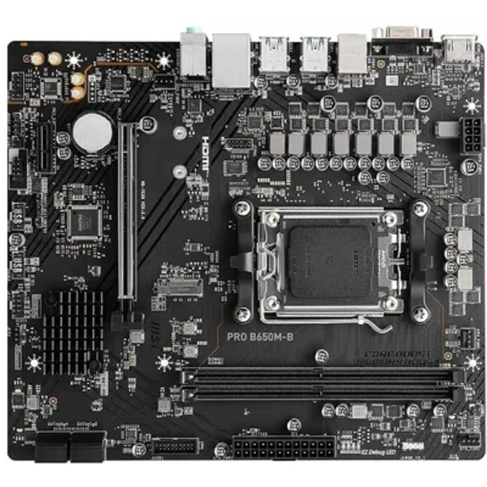 Фото Материнская плата MSI PRO B650M-B, AM5, AMD B650, 2xDDR5, 4xSATA, 1xM.2, 1xPCI-E 4.0 x16, 1xPCI-E 4.0 x1, 1xHDMI, 1xVGA, 1x2.5Gb LAN, 2xUSB 2.0, 4xUSB 3.2 Gen 1, 3x3.5 мм, 7.1, Micro-ATX