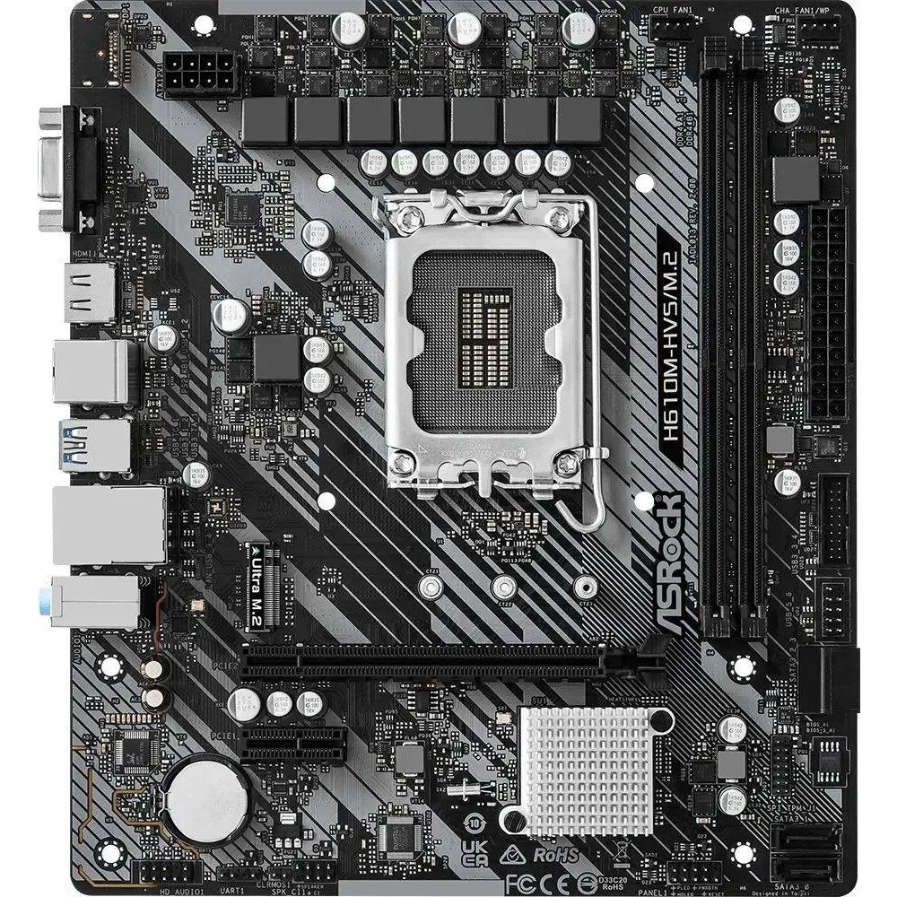 Фото Материнская плата ASRock H610M-HVS/M.2 R2.0, LGA 1700, Intel H610, 2xDDR4, 4xSATA, 1xM.2, 1xPCIe 4.0 x16, 1xPCIe x1, 1xHDMI, 1xVGA, 1x 1Gb LAN, 4xUSB-A 2.0, 2xUSB-A 3.2 Gen 1, 3x3.5 мм, 7.1, mATX