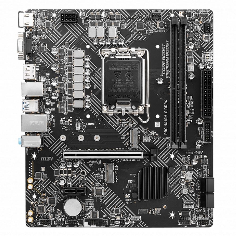 Фото Материнская плата MSI PRO H610M-G, LGA 1700, Intel H610, 2xDDR5, 4xSATA, 1xM.2, 1xPCIe 4.0 x16, 1xPCIe 3.0 x1, 1xHDMI, 1xDP, 1xVGA, 1xRJ45 1Gb, 2xUSB-A 3.2 Gen 1, 4xUSB-A 2.0, 3x3.5мм, 7.1, mATX