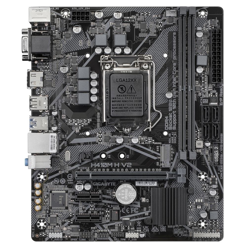 Фото Материнская плата Gigabyte H410M H V2 (2.0/2.1), LGA 1200, Intel H470, 2xDDR4, 4xSATA, 1xM.2, 1xPCIe 3.0 x16, 2xPCIe 3.0 x1, 1xHDMI, 1xVGA, 1x 1Gb LAN, 2xUSB-A 3.2 Gen 1, 4xUSB-A 2.0, 3x3.5 мм, 7.1, Micro ATX