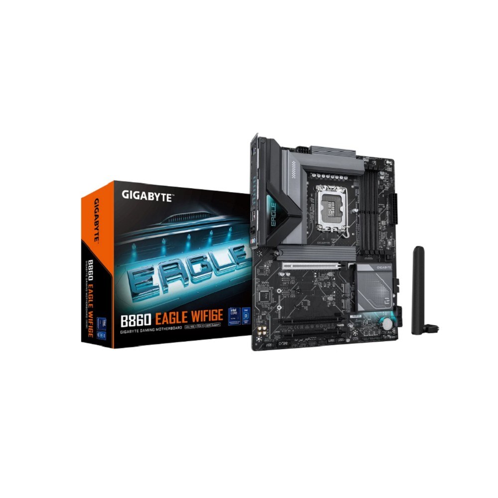 Фото Материнская плата Gigabyte B860 EAGLE WIFI6E, LGA 1851, Intel B860, 4xDDR5, 4xSATA, 3xM.2, 1xPCIe 5.0 x16, 2xPCIe 4.0 x16, 1xHDMI, 1xDP, 1x 2.5Gb LAN, 4xUSB-A 2.0, 1xUSB-A 3.2 Gen 1, 1xUSB-A 3.2 Gen 2, 1xUSB-C 3.2 Gen 2x2, 7.1, 3x3.5 мм, ATX
