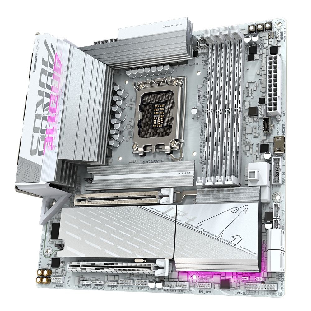 Фото Материнская плата Gigabyte B860M AORUS ELITE WIFI6E ICE, LGA1851, Intel B860, 4xDDR5, 4xSATA, 3xM.2, 1xPCIe 5.0 x16, 1xPCIe 4.0 x4, 1xDP, 2xHDMI, 1x2.5Gb LAN, Wi-Fi 6E, Bluetooth 5.3, 2xUSB-A 10Gbps (Gen2), 4xUSB-A 5Gbps, 4xUSB-A 2.0, 1xUSB-C 20Gbps (USB4