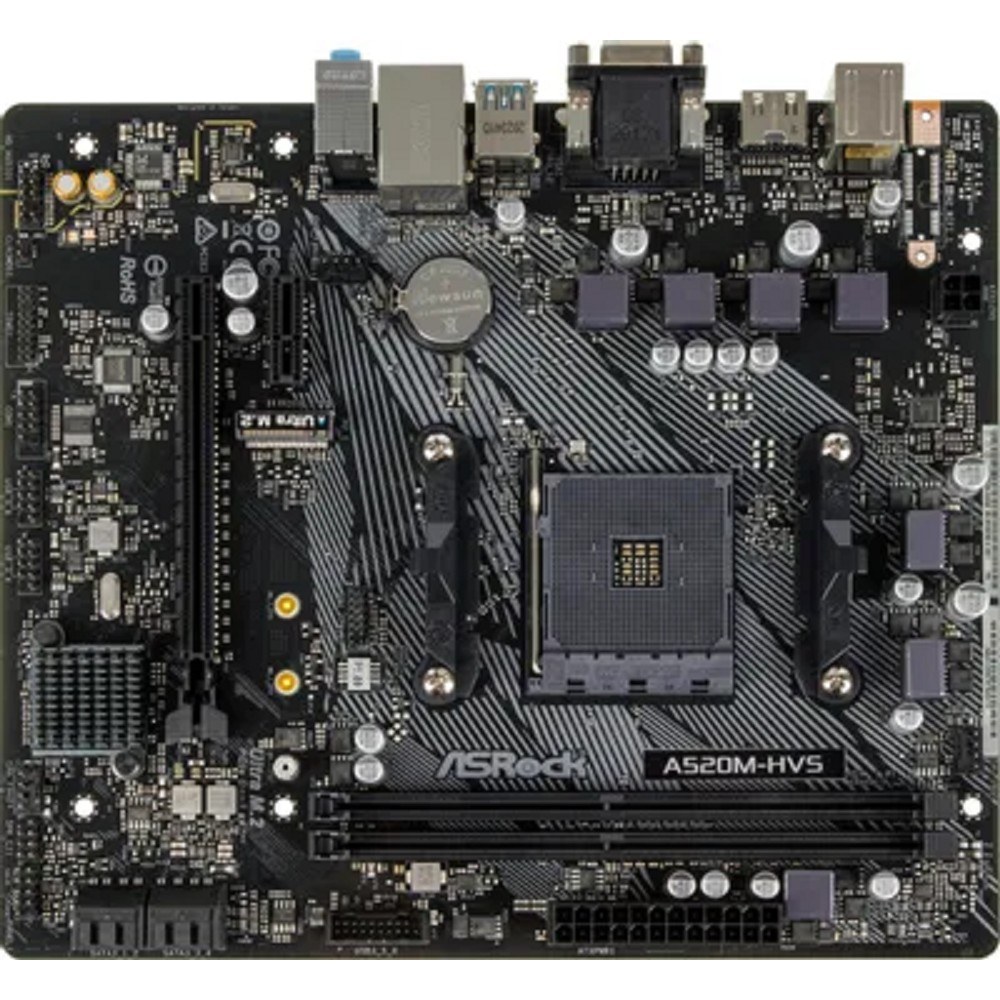 Фото Материнская плата ASRock A520M-HVS, AM4, AMD A520, 2xDDR4, 4xSATA, 1xM.2, 1xPCIe 3.0 x16, 1xPCIe 3.0 x1, 1xHDMI, 1xVGA, 1x 1Gb LAN, 3x3.5 мм, 7.1, mATX