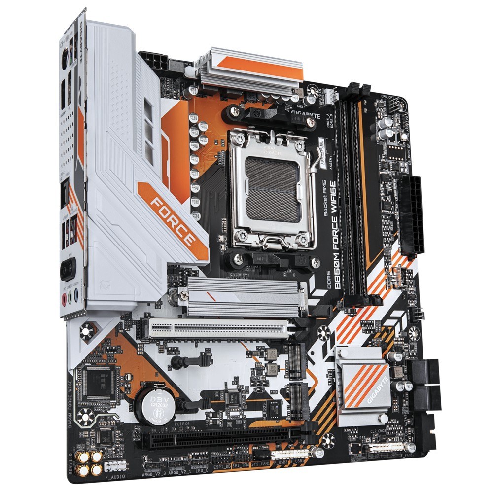 Фото Материнская плата Gigabyte B850M FORCE WF6E (V1.2), AM5, AMD B850, 2xDDR5, 4xSATA, 3xM.2, 1xPCIe 5.0 x16, 1xPCIe 4.0 x4, 1xDP, 1xHDMI, 1x2.5Gb LAN, Wi-Fi 6E, Bluetooth 5.3, 1xUSB-C 5Gbps, 1xUSB-A 10Gbps, 2xUSB-A 5Gbps, 2xUSB-A 2.0, 3x3.5 мм, 7.1, mATX