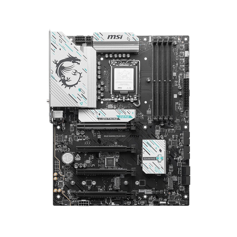 Фото Материнская плата MSI B860 GAMING PLUS WIFI, LGA 1851, Intel B860, 4xDDR5, 4xSATA, 3xM.2, 1xPCIe 4.0 x4, 1xPCIe 5.0 x16, 1xDP, 1xHDMI, 1xUSB-C, 1x 5Gb LAN, 4xUSB-A 2.0, 2xUSB-A 3.2 Gen 1, 2xUSB 3.2 Gen 2, 7.1, 3x3.5 мм, ATX