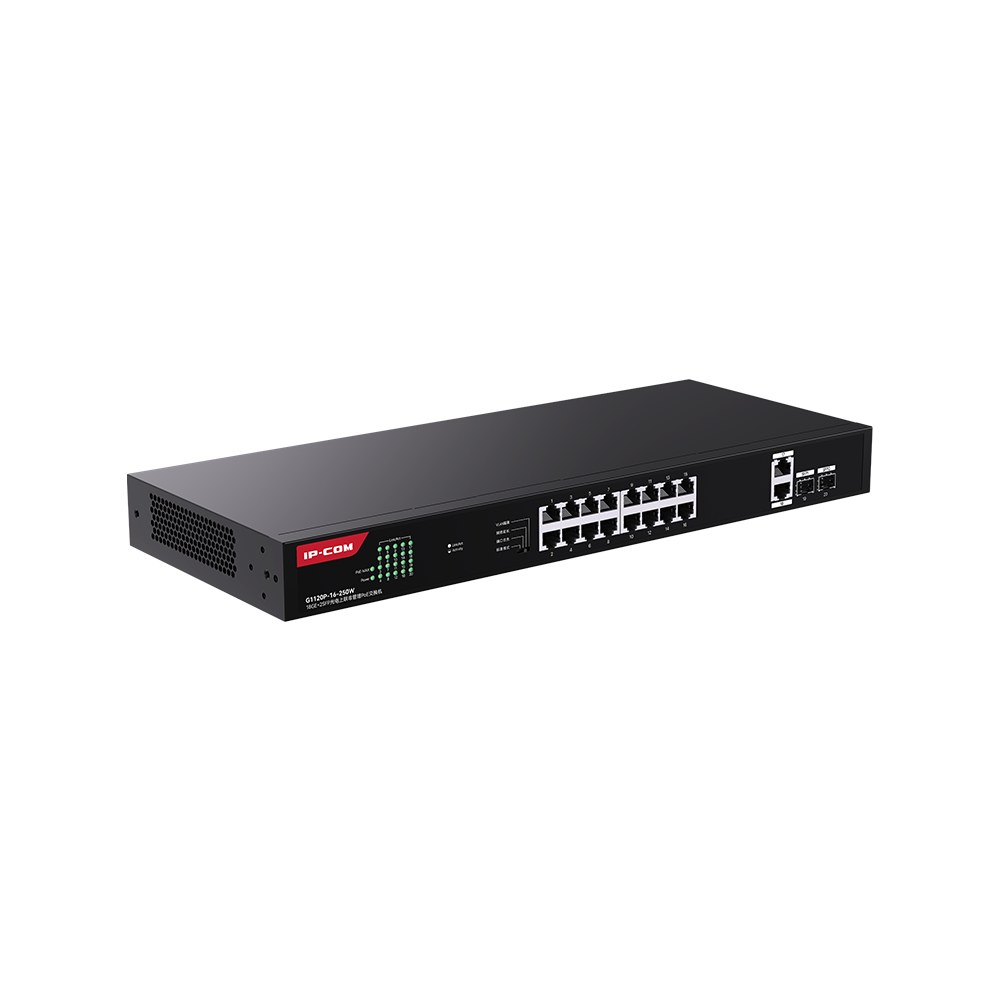 Фото Коммутатор неуправляемый IP-COM G1120P-16-250W PoE, 20 портов, 18x1 Гбит/с, SFP 2x1 Гбит/с, PoE 16х30 Вт (до 230 Вт)