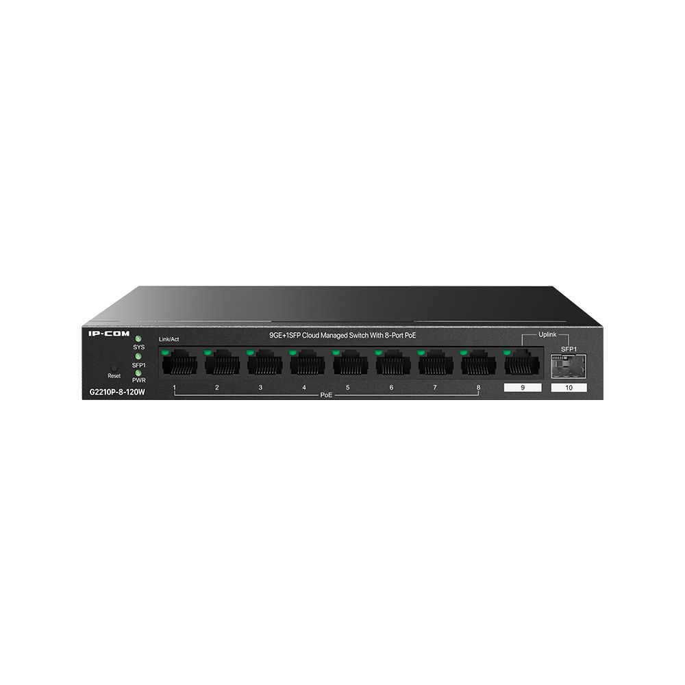 Фото Коммутатор управляемый IP-COM G2210P-8-120W PoE, 10 портов, 9x1 Гбит/с, SFP 1x1 Гбит/с, PoE 8x30Вт (до 110 Вт)
