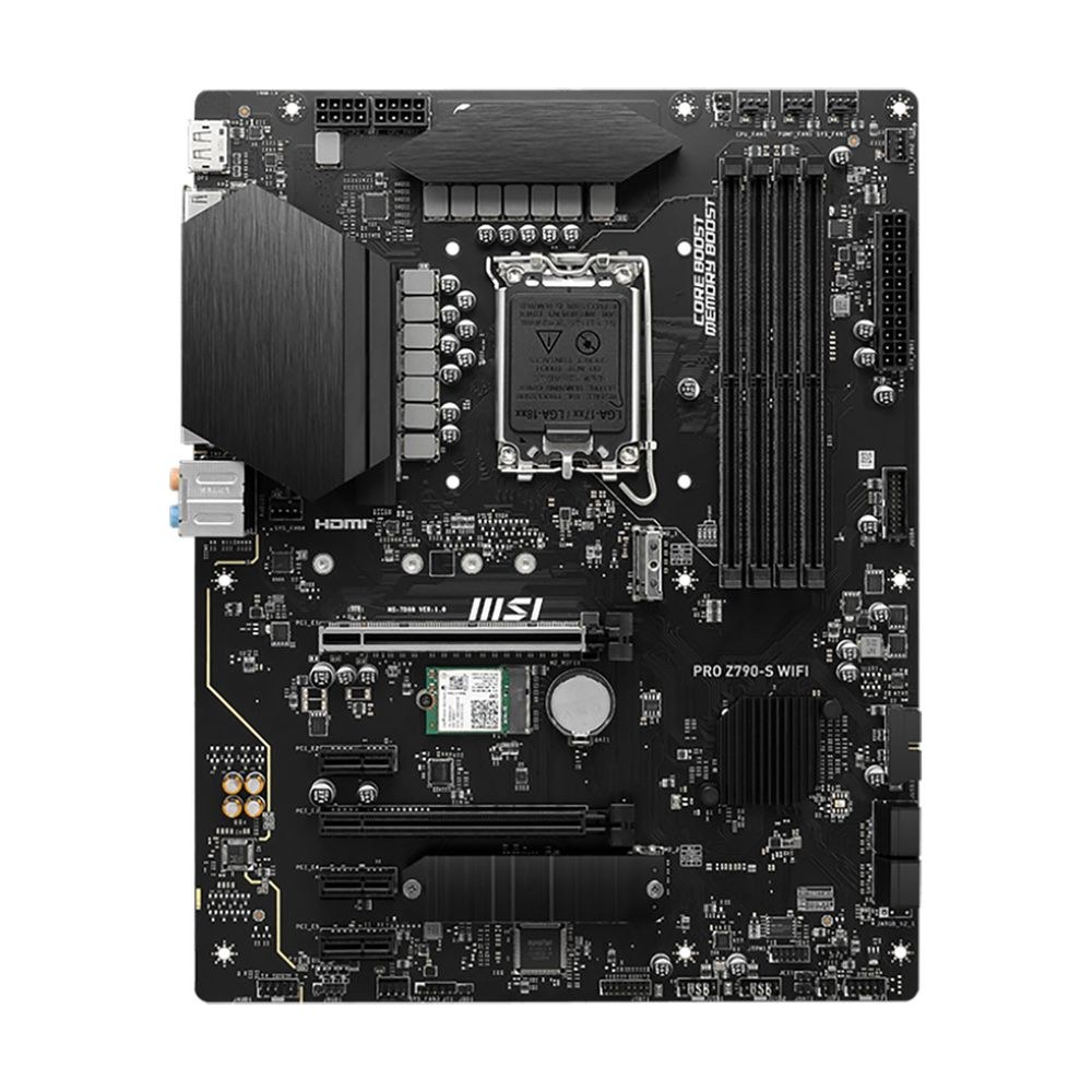 Фото Материнская плата MSI PRO Z790-S WIFI, LGA 1700, ATX, 4xDDR5, 1xPCIe 5.0 x16, 4xM.2, 4xSATA, 1xHDMI, 1xDP, 2.5 Gigabit Ethernet, 7.1 аудио