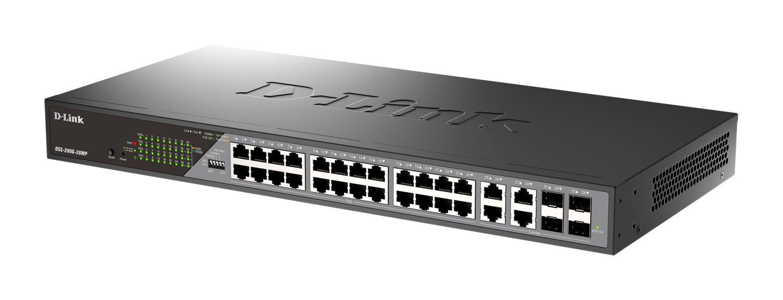 Фото Коммутатор сетевой Smart L2 Surveillance Switch 24х1000Base-T PoE, 4xCombo 1000Base-T/SFP, PoE Budget 370W, Long-range PoE up to 250m