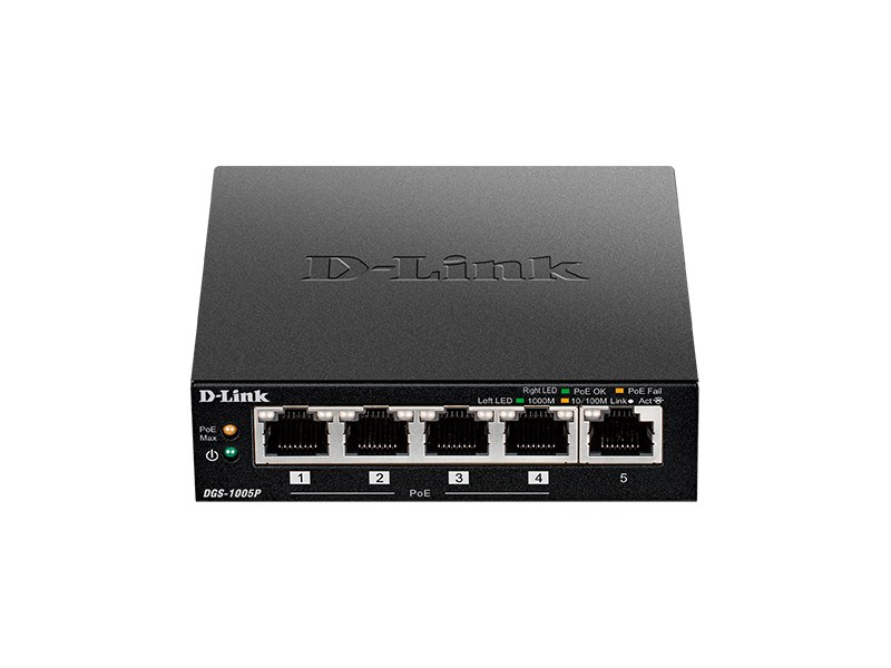 Фото Коммутатор неуправляемый D-Link DGS-1005P/B3A с 5 портами 10/100/1000Base-T (4 порта PoE 802.3af/at, PoE-бюджет 60 Вт)