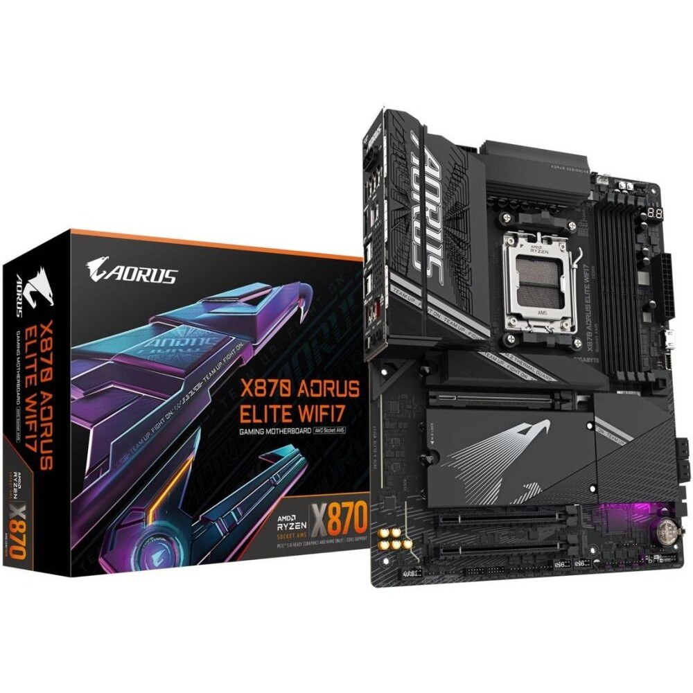 Фото Материнская плата Gigabyte X870 AORUS ELITE WIFI7, AM5, AMD X870, 4xDDR5, 4xSATA, 4xM.2, 1xPCI-E 5.0 x16, 1xPCI-E 4.0 x4, 1xPCI-E 3.0 x2, 1xHDMI, 1x 2.5Gb LAN, 4xUSB-A 3.2 Gen 1, 2xUSB-A 3.2 Gen 2, 4xUSB-A 2.0, 2xUSB-C 4.0, 2x3.5 мм, 7.1, ATX