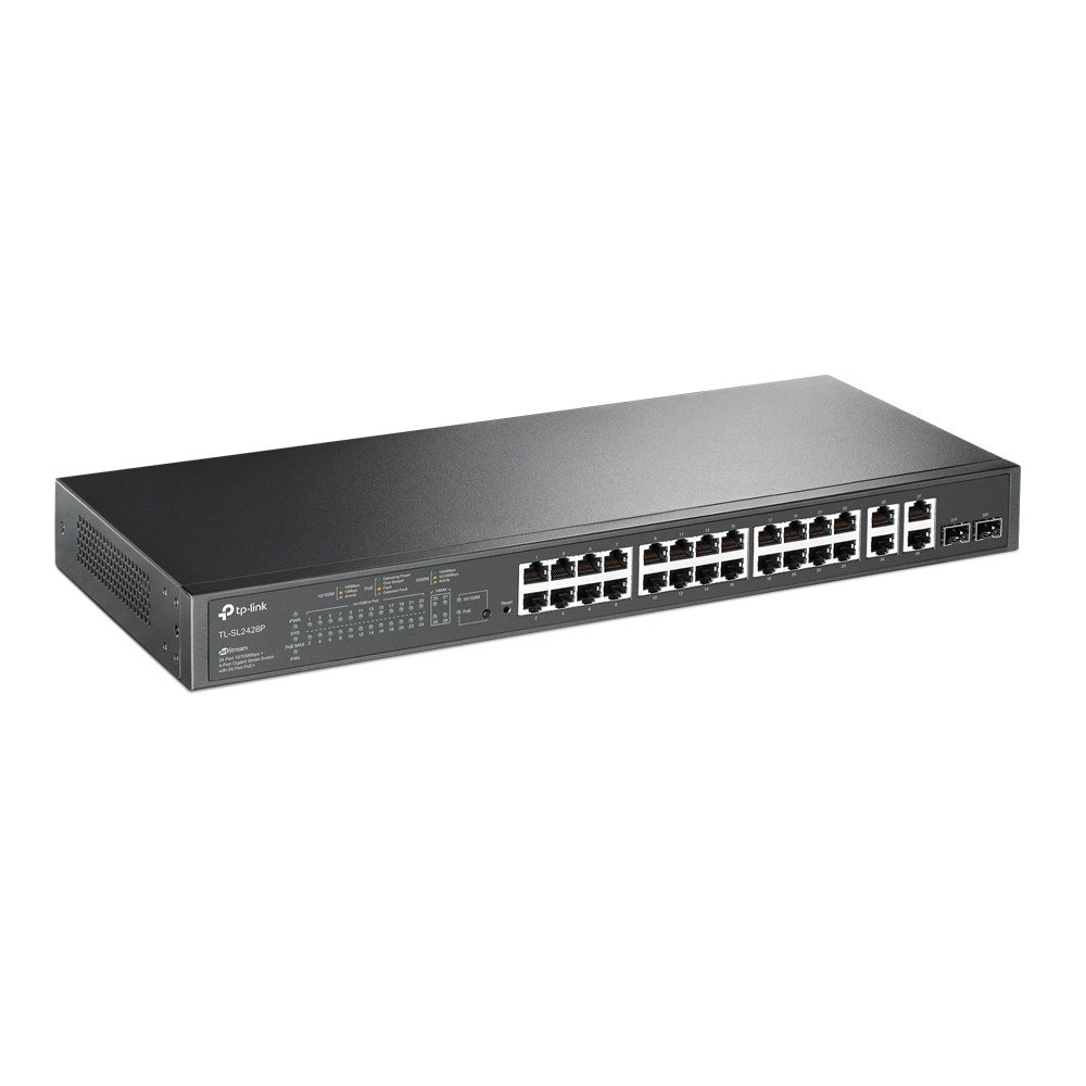 Фото Коммутатор сетевой JetStream 24-port 10/100Mbps + 4-port Gigabit L2 Smart Switch with 24-port PoE+, PoE budget up to 250W, support PoE power management, with abundant L2 features,1U rack mountable, full managed via web UI/CLI/SSH/Telnet/SNMP