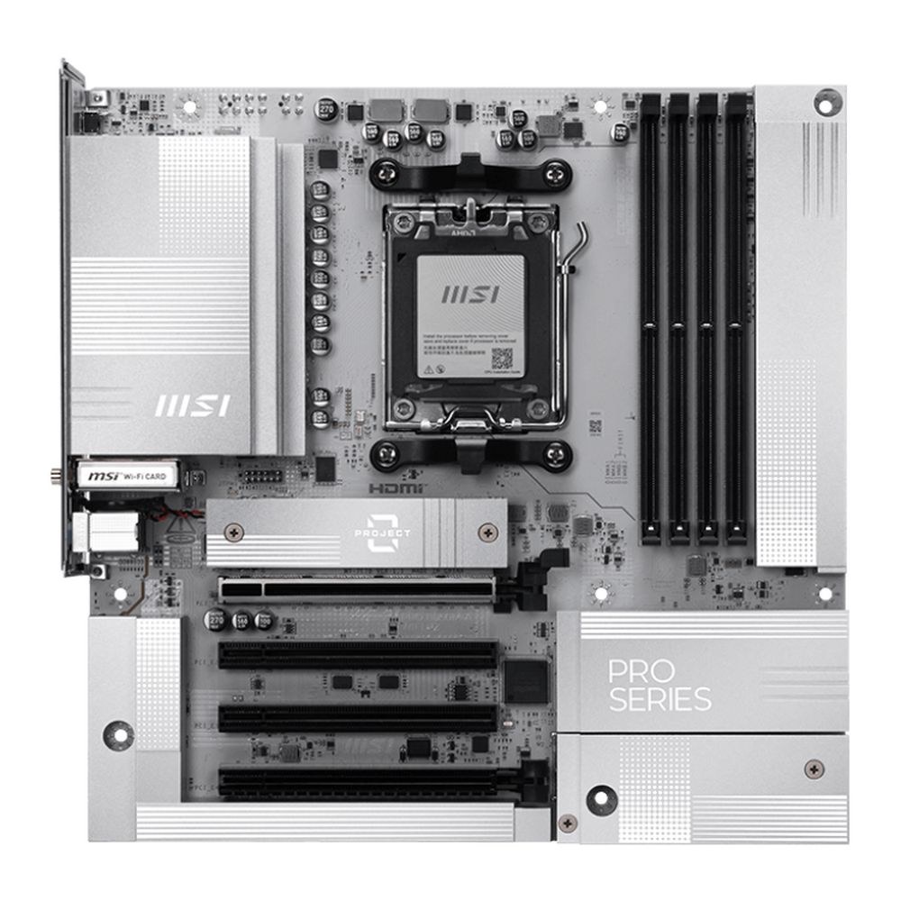 Фото Материнская плата MSI PRO B850M-A WIFI, AM5, AMD B850, 4xDDR5, 4xSATA, 2xM.2, 1xPCIe 5.0 x16, 1xPCIe 4.0 x4, 1xPCIe 3.0 x1, 1xDP, 1xHDMI, 1x5Gb LAN, Wi-Fi 7, Bluetooth 5.4, 2xUSB-C 10Gbps, 3xUSB-A 10Gbps, 3xUSB-A 5Gbps, 4xUSB-A 2.0, 3x3.5 мм, 7.1, mATX