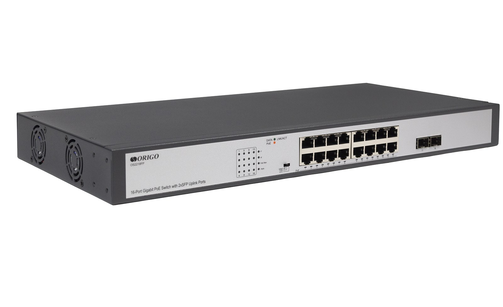 Фото Коммутатор Unmanaged Switch 16x1000Base-T PoE, 2x1000Base-X SFP, PoE Budget 200W, Long-range PoE up to 250m, 19" w/brackets