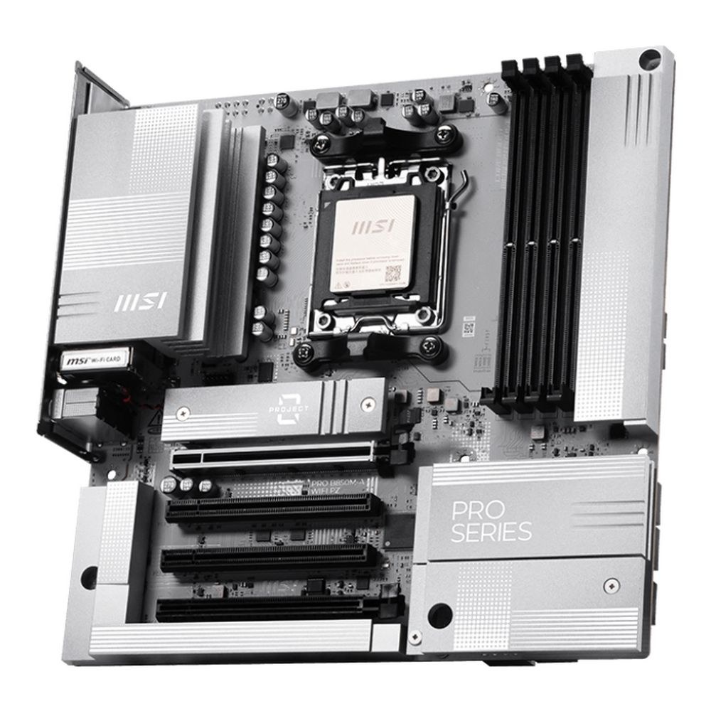 Фото Материнская плата MSI PRO B850M-A WIFI, AM5, AMD B850, 4xDDR5, 4xSATA, 2xM.2, 1xPCIe 5.0 x16, 1xPCIe 4.0 x4, 1xPCIe 3.0 x1, 1xDP, 1xHDMI, 1x5Gb LAN, Wi-Fi 7, Bluetooth 5.4, 2xUSB-C 10Gbps, 3xUSB-A 10Gbps, 3xUSB-A 5Gbps, 4xUSB-A 2.0, 3x3.5 мм, 7.1, mATX