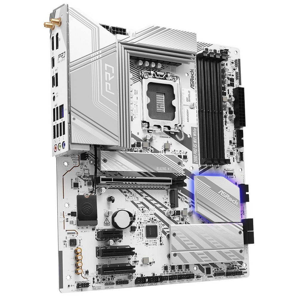 Фото Материнская плата ASRock Z890 Pro RS WiFi белый, LGA 1851, Intel Z890, 4xDDR5, 4xSATA, 4xM.2, 1xPCIe 5.0 x16, 2xPCIe 4.0 x16, 1xPCIe x1, 2xUSB-C Thunderbolt 4, 4xUSB-A 3.2 Gen 1, 1xUSB-A 3.2 Gen 2, 1xHDMI, 1xDP, 1x2.5Gb LAN, 5x3.5 мм, 7.1, ATX