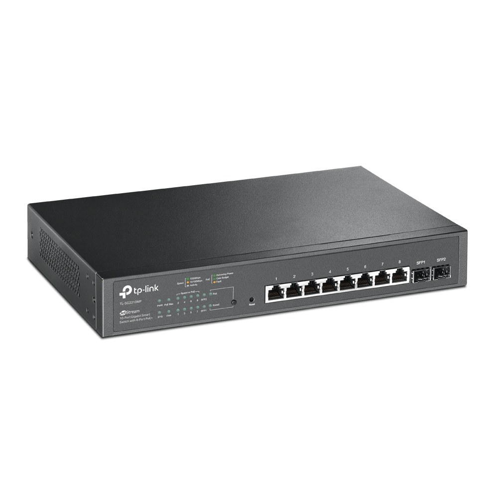 Фото Коммутатор TP-Link JetStream 10-Port Gigabit Smart Switch with 8-Port PoE+, 8× Gigabit PoE+ Ports, 2× Gigabit SFP Slots, 802.3at/af, 150 W PoE Power, 1U 13-inch Rack-mountable Steel CaseIntegration with Omada SDN Controller, 802.1Q VLAN, STP/RSTP/MSTP, IG
