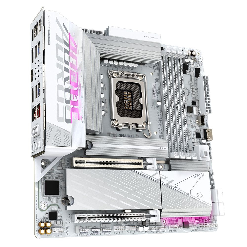 Фото Материнская плата Gigabyte B860M AORUS ELITE WIFI6E ICE, LGA1851, Intel B860, 4xDDR5, 4xSATA, 3xM.2, 1xPCIe 5.0 x16, 1xPCIe 4.0 x4, 1xDP, 2xHDMI, 1x2.5Gb LAN, Wi-Fi 6E, Bluetooth 5.3, 2xUSB-A 10Gbps (Gen2), 4xUSB-A 5Gbps, 4xUSB-A 2.0, 1xUSB-C 20Gbps (USB4