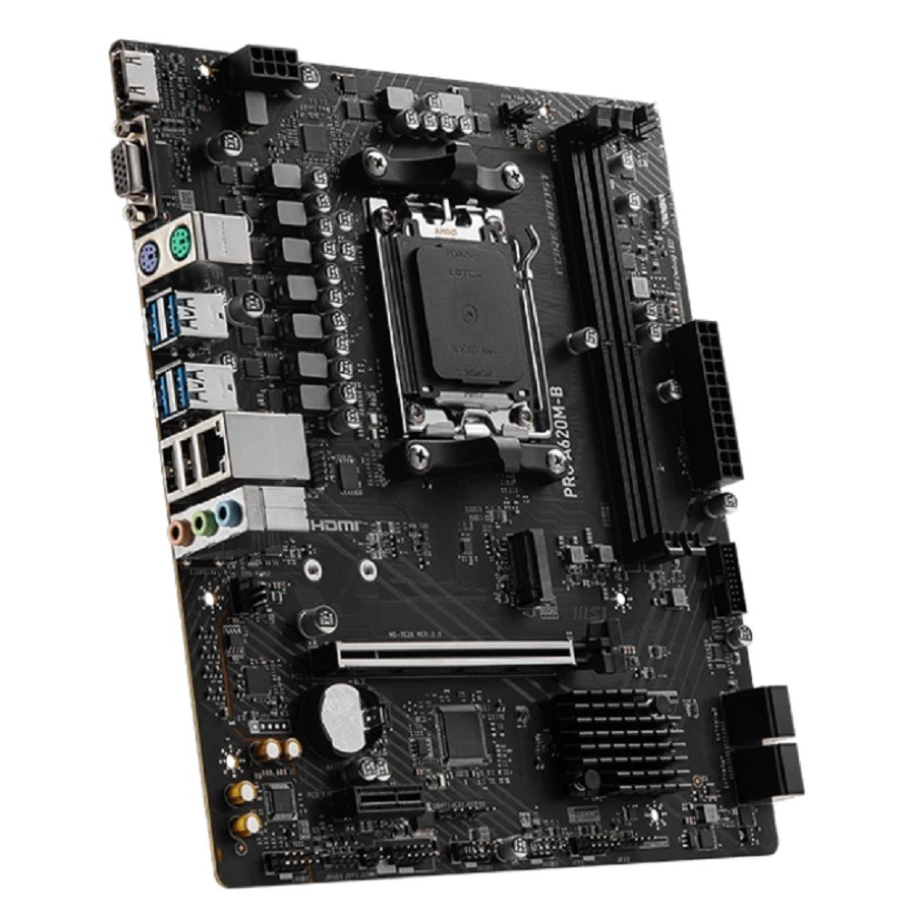 Фото Материнская плата MSI PRO A620M-B, AM5, AMD A620, 2xDDR5, 4xSATA, 1xM.2 (PCIe 4.0 x4), 1xPCIe 4.0 x16, 1xPCIe 3.0 x1, 1xHDMI, 1xVGA, 1x2.5Gb LAN, 6xUSB-A 5Gbps, 6xUSB-A 2.0, 3x3.5 мм, 7.1, mATX