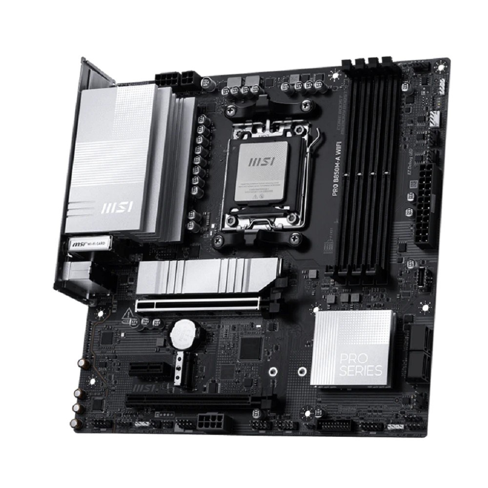 Фото Материнская плата MSI PRO B850M-A WIFI, AM5, AMD B850, 4xDDR5, 4xSATA, 2xM.2, 1xPCIe 5.0 x16, 1xPCIe 4.0 x4, 1xPCIe 3.0 x1, 1xHDMI (v2.1), 1xDP (v1.4), 1x5Gb LAN, Wi-Fi 7, Bluetooth 5.4, 2xUSB-C 10Gbps, 3xUSB-A 10Gbps, 3xUSB-A 5Gbps, 2x3.5 мм, 7.1, mATX