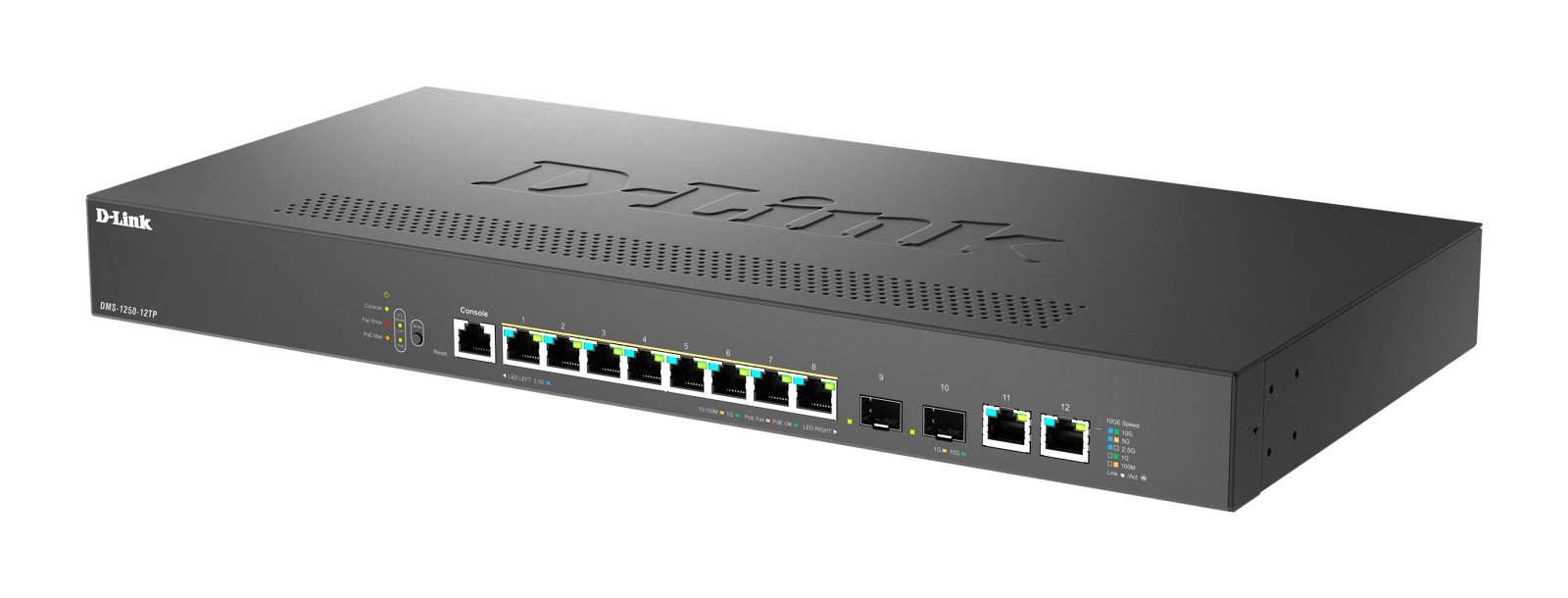 Фото Коммутатор управляемый L2 PoE D-Link DMS-1250-12TP/A1A/6KV, 8x2.5Gbase-T PoE, 2x10Gbase-T, 2x10Gbase-X SFP+, PoE-бюджет 240 Вт, защита от статического электричества до 6 кВ, CLI, консольный порт RJ-45