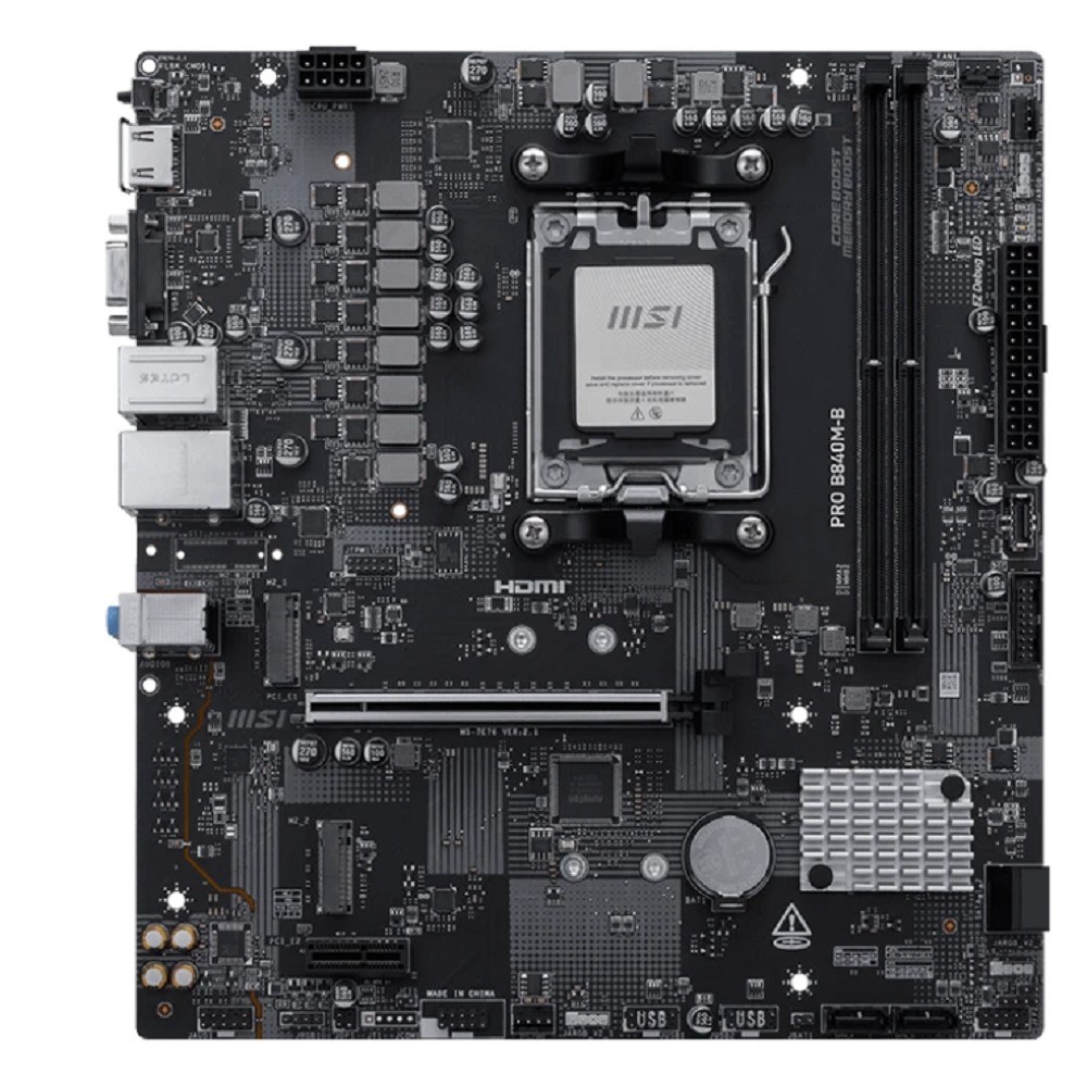Фото Материнская плата MSI PRO B840M-B, AM5, AMD B840, 2xDDR5, 4xSATA, 2xM.2, 1xPCIe 4.0 x16, 1xPCIe 3.0 x1, 1xHDMI, 1xVGA, 1x2.5Gb LAN, 4xUSB-A 5Gbps, 2xUSB-A 2.0, 3x3.5 мм, 7.1, mATX