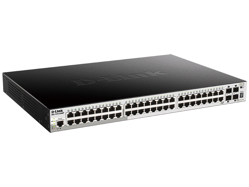 Фото Kоммутатор D-Link DGS-1510-52XMP/A2A PROJ Управляемый L2+ стекируемый с 48 портами 10/100/1000Base-T и 4 портами 10Gbase-X SFP+ (48 портов PoE 802.3af/at, PoE-бюджет 370 Вт; 740 Вт с DPS-700)