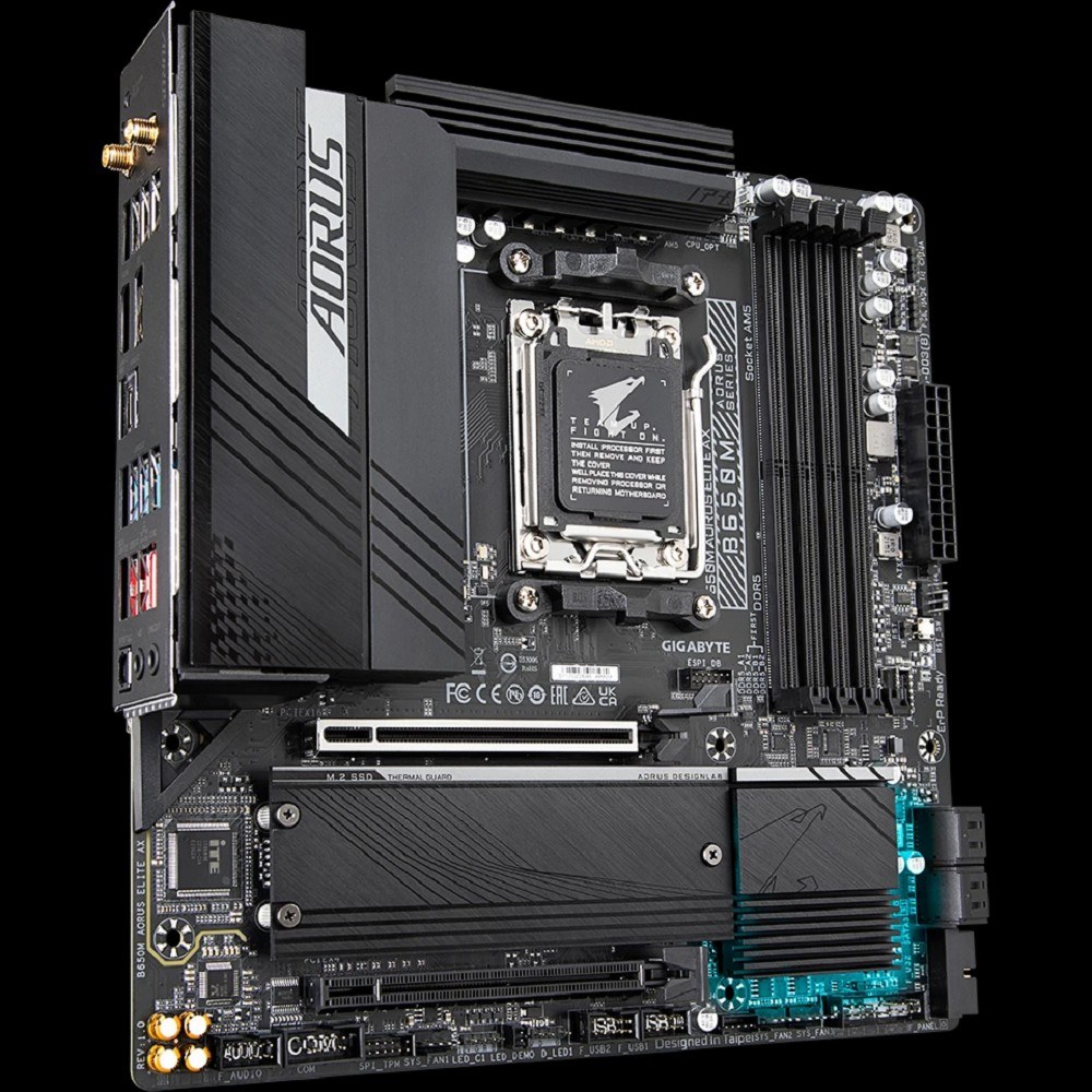 Фото Материнская плата Gigabyte B650M AORUS ELITE AX, AM5, AMD B650, 4xDDR5, 4xSATA, 2xM.2, 1xPCI-E 5.0 x4, 1xPCI-E 4.0 x16, 1xHDMI, 1xDP, 1x 2.5Gb LAN, 4xUSB-A 2.0, 5xUSB-A 3.2 Gen 1, 2xUSB-A 3.2 Gen 2, 1xUSB-C 3.2 Gen 2, 2x3.5 мм, 7.1, Micro-ATX