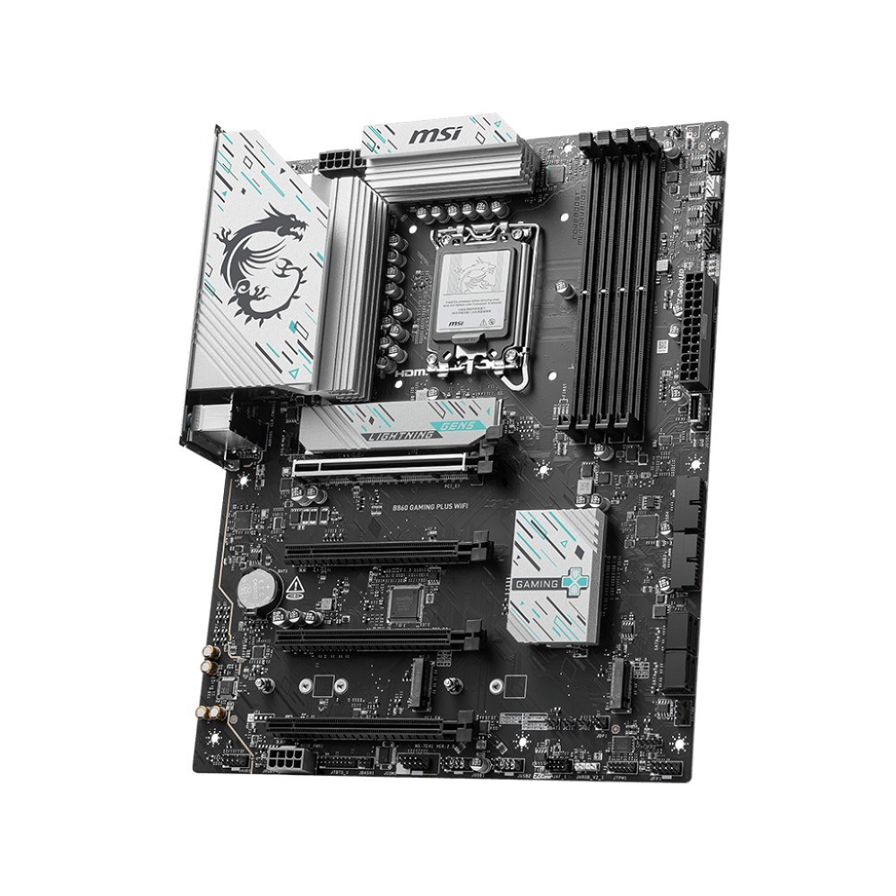 Фото Материнская плата MSI B860 GAMING PLUS WIFI, LGA 1851, Intel B860, 4xDDR5, 4xSATA, 3xM.2, 1xPCIe 4.0 x4, 1xPCIe 5.0 x16, 1xDP, 1xHDMI, 1xUSB-C, 1x 5Gb LAN, 4xUSB-A 2.0, 2xUSB-A 3.2 Gen 1, 2xUSB 3.2 Gen 2, 7.1, 3x3.5 мм, ATX