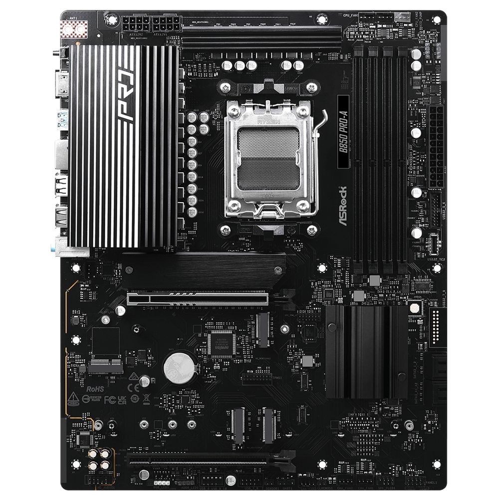 Фото Материнская плата ASRock B850 Pro-A, AM5, AMD B850, 4xDDR5, 4xSATA, 4xM.2, 1xPCIe 5.0 x16, 1xPCIe 4.0 x4, 1xHDMI, 1xUSB-C, 1x2.5Gb LAN, 1xUSB-C 10Gbps, 1xUSB-C 5Gbps, 4xUSB-A 5Gbps, 6xUSB-A 2.0, 3x3.5 мм, 7.1, ATX