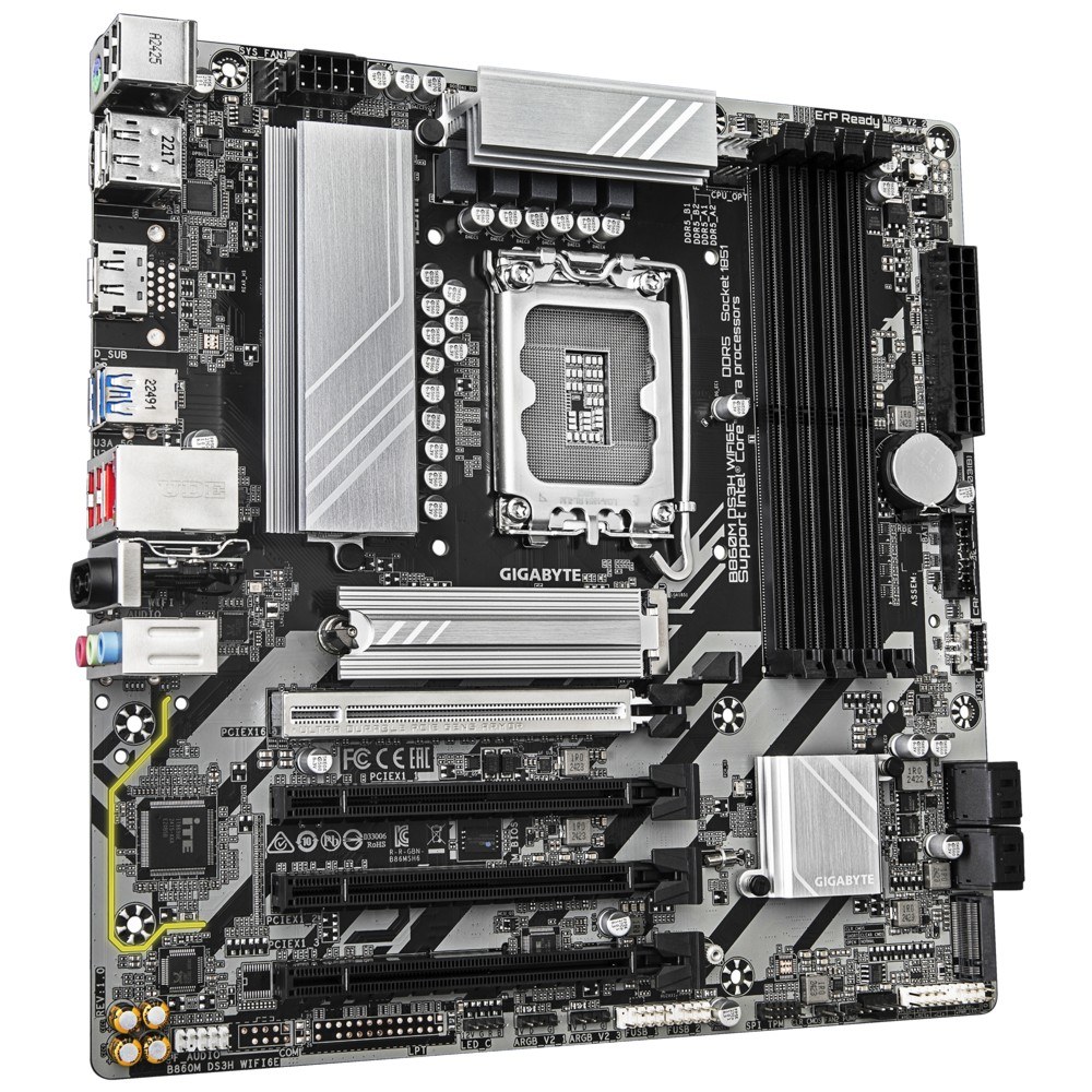 Фото Материнская плата Gigabyte B860M DS3H WIFI6E, LGA1851, Intel B860, 4xDDR5, 4xSATA, 2xM.2, 1xPCIe 5.0 x16, 3xPCIe 4.0 x1, 2xDP, 1xHDMI, 1x2.5Gb LAN, Wi-Fi 6E, Bluetooth 5.3, 1xUSB-C 10Gbps, 2xUSB-A 10Gbps, 4xUSB-A 5Gbps, 7xUSB-A 2.0, 3x3.5 мм, 7.1, mATX