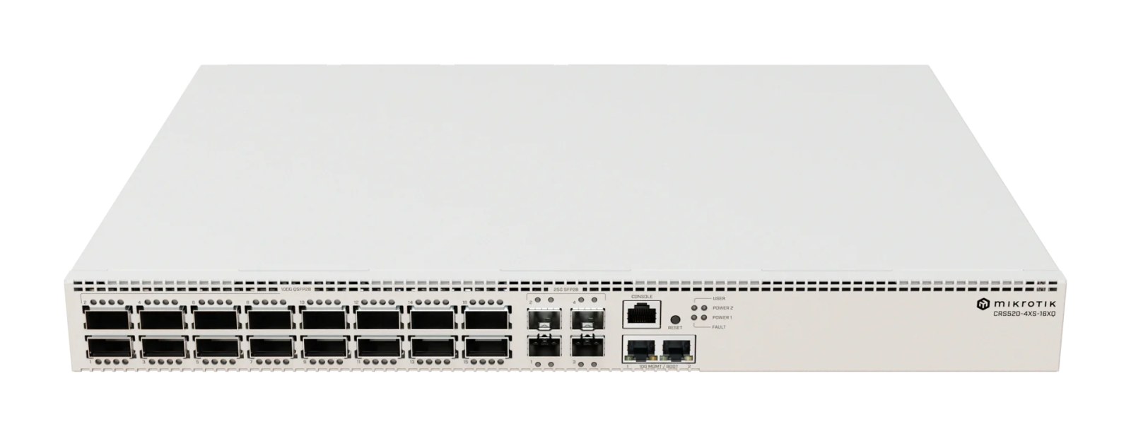 Фото Коммутатор MikroTik CRS520-4XS-16XQ-RM Cloud Router Switch with Quad-Core AL52400 2 GHz CPU, 4 Gb RAM, 98CX8410 switch chip, 2 x 10G Eth ports, 4 x 25G SFP28 ports, 16 x 100G QSFP28 ports, RouterOS L5, 1U rackmount enclosure, dual hot-swap PSU, 4 x hot-sw