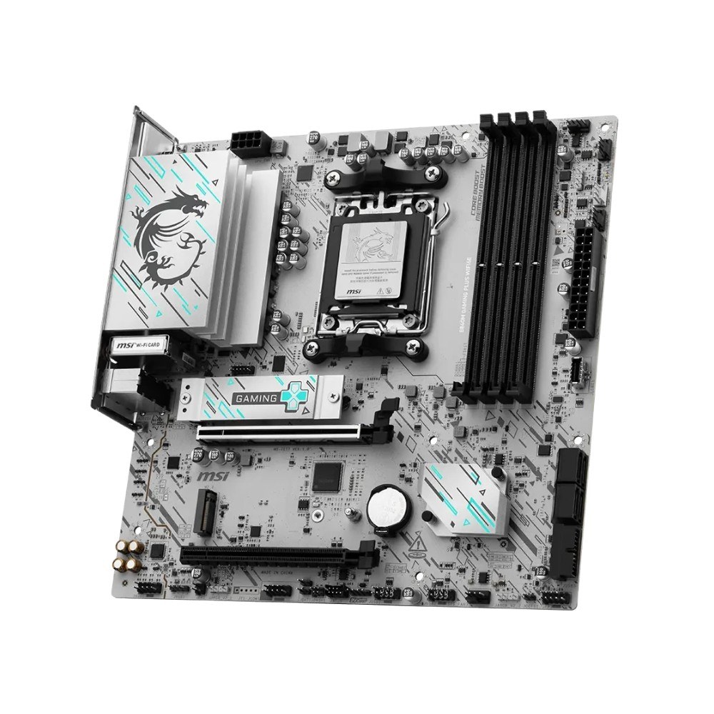 Фото Материнская плата MSI B840M GAMING PLUS WIFI6E, AM5, AMD B840, 4xDDR5, 4xSATA, 2xM.2, 1xPCIe 4.0 x16, 1xPCIe 3.0 x4, 1xHDMI (v2.1), 1xUSB-C 10Gbps, 1xUSB-A 10Gbps, 2xUSB-A 5Gbps, 4xUSB-A 2.0, 1x2.5Gb LAN, Wi-Fi 6E, Bluetooth 5.3, 2x3.5 мм, 7.1, mATX