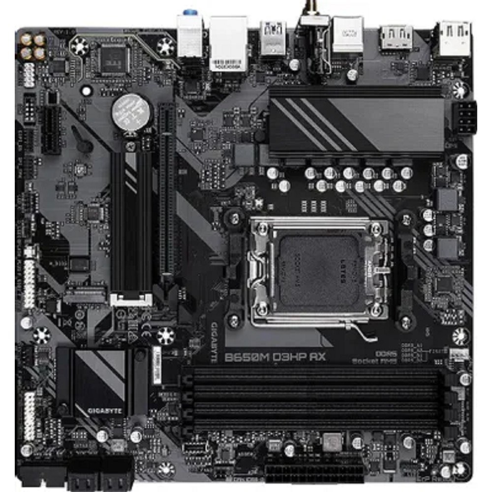 Фото Материнская плата Gigabyte B650M D3HP AX (V1.2), AM5, AMD B650, 4xDDR5, 4xSATA, 2xM.2, 1xPCI-E 4.0 x16, 1xPCI-E 4.0 x1, 3xUSB-A 3.2 Gen 1, 1xUSB-C 3.2 Gen 2, 1x 2.5Gb LAN, 3x3.5 мм, 7.1, Micro-ATX