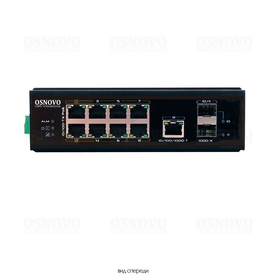 Фото Коммутатор OSNOVO OS-44TB1(SW-60812/I), 8×100 Мбит/с PoE + 1×1 Гбит/с LAN + 2×1 Гбит/с SFP, неуправляемый