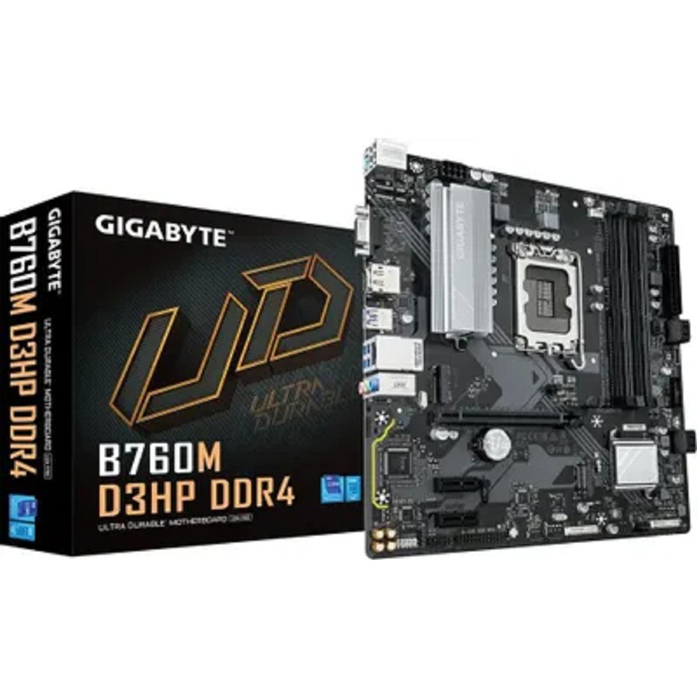 Фото Материнская плата Gigabyte B760M D3HP DDR4, LGA 1700, Intel B760, 4xDDR4, 4xSATA, 2xM.2, 1xPCIe 4.0 x16, 2xPCIe x1, 1xHDMI, 1xVGA, 1xDP, 1x 1Gb LAN, 3xUSB-A 3.2 Gen 1, 2xUSB-A 2.0, 3x3.5 мм, 7.1, mATX