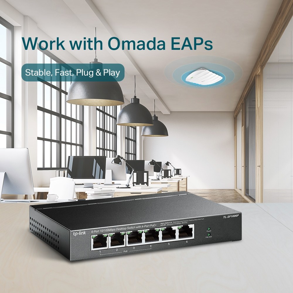 Фото Коммутатор TP-Link 4-port 10/100Mbps Unmanaged PoE+ Switch with 2 10/100Mbps uplink ports, meta case, desktop mount, 4 802.3af/at compliant PoE+ port, 2 10/100Mbps uplink ports, DIP switches for Extend mode, Isolation mode and Priority mode, up to 250m Po