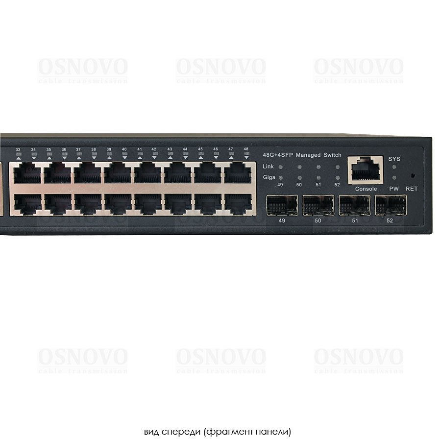 Фото Коммутатор управляемый OSNOVO L2 PoE Gigabit Ethernet на 48 RJ45 PoE + 4*GE SFP, до 30W на порт, суммарно до 800W