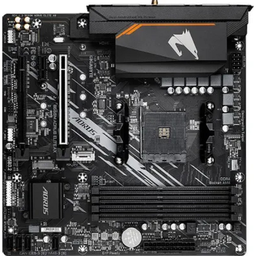 Фото Материнская плата Gigabyte B550M AORUS ELITE AX, Socket AM4, AMD B550, 4xDDR4, 4xSATA, 2xM.2, 1xPCI-E 4.0 x16, 1xPCI-E 3.0 x4, 1xPCI-E x1, 1xDVI-D, 1xHDMI, 1x 1Gb LAN, 4xUSB-A 3.2 Gen 1, 4xUSB-A 2.0, 3x3.5 мм, 7.1, Micro-ATX