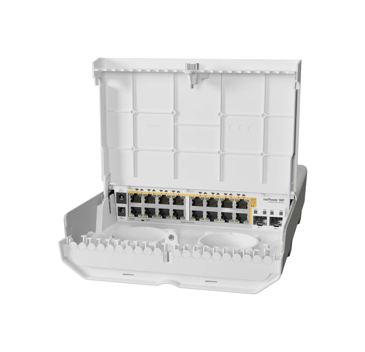 Фото Коммутатор MikroTik Cloud Router Switch 318-16P-2S+OUT with 800MHz CPU, 256MB RAM, 16x Gigabit LAN with PoE-out, 2xSFP+ cages, RouterOS L5 or SwitchOS (dual boot), outdoor enclosure, mounting kit (power supply N