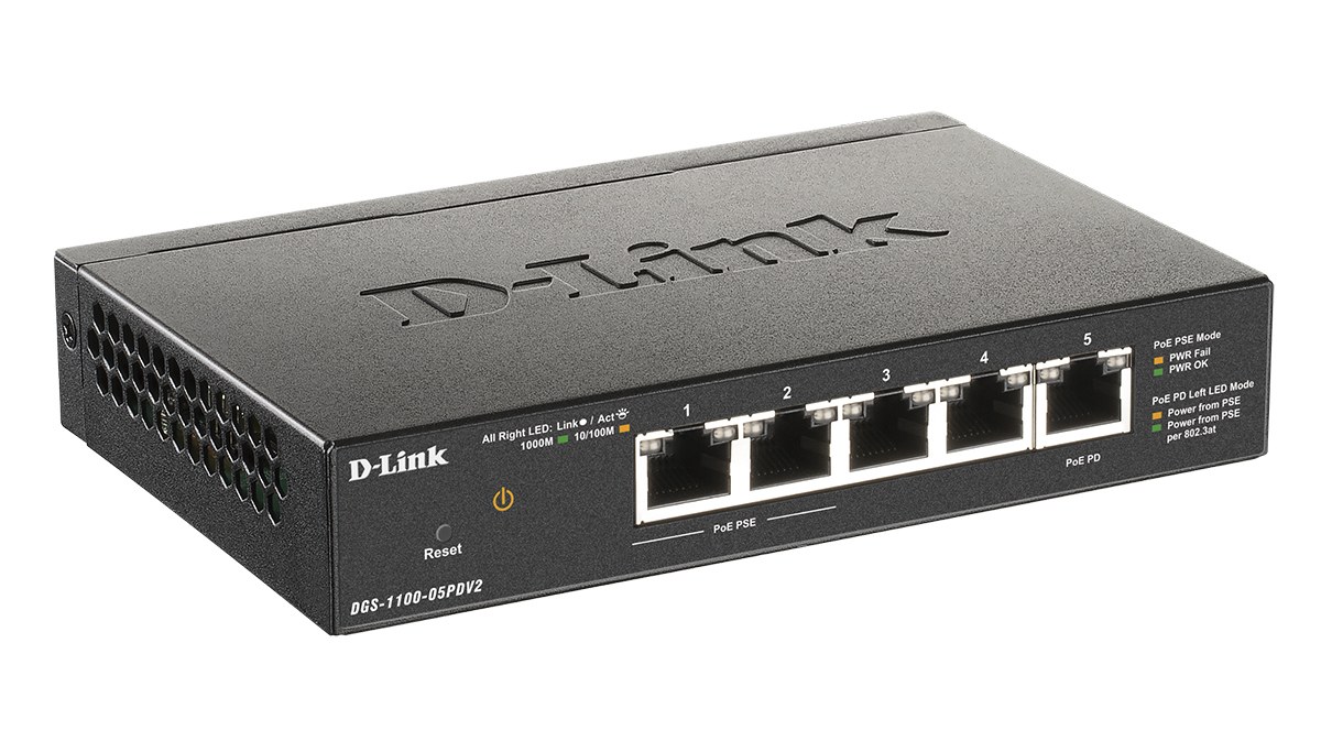 Фото Коммутатор D-Link DGS-1100-05PDV2 5G 2PoE настраиваемый