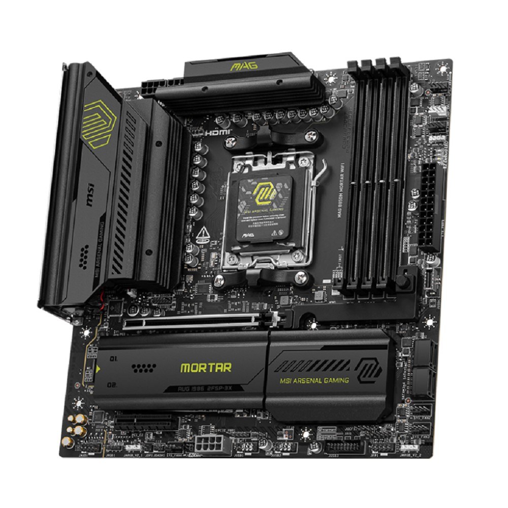 Фото Материнская плата MSI MAG B850M MORTAR WIFI, AM5, AMD B850, 4xDDR5, 4xSATA, 3xM.2, 1xPCIe 5.0 x16, 1xPCIe 4.0 x4, 1xHDMI, 1x5Gb LAN, Wi-Fi 7, Bluetooth 5.4, 1xUSB-C 40Gbps, 1xUSB-C 20Gbps, 5xUSB-A 10Gbps, 2xUSB-A 5Gbps, 4xUSB-A 2.0, 1xS/PDIF, 2x3.5 мм, 7.